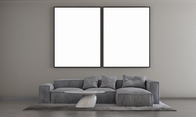 Two frames on a wall with a sofa and a coffee table.