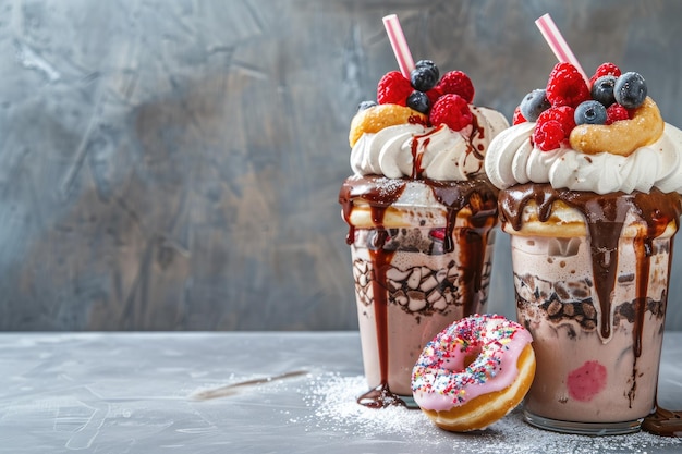 Photo two freak shakes topping with donut and meringues over grey background with copy space