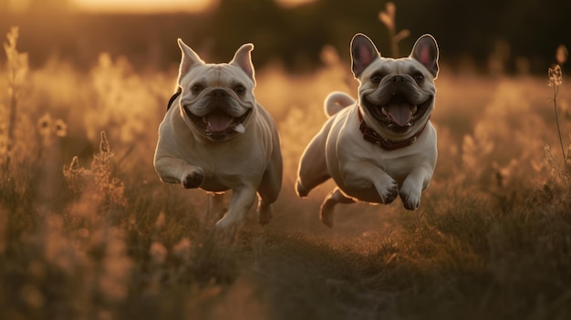 Two French bulldogs frolicking in a grassy field during day sunny Generative AI AIG18