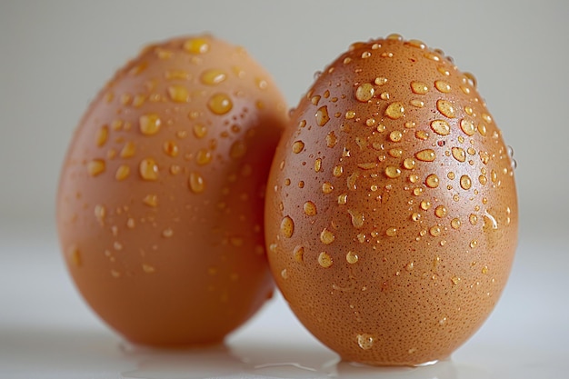 Two fresh eggs isolated on white background close up photography with soft studio lighting high re