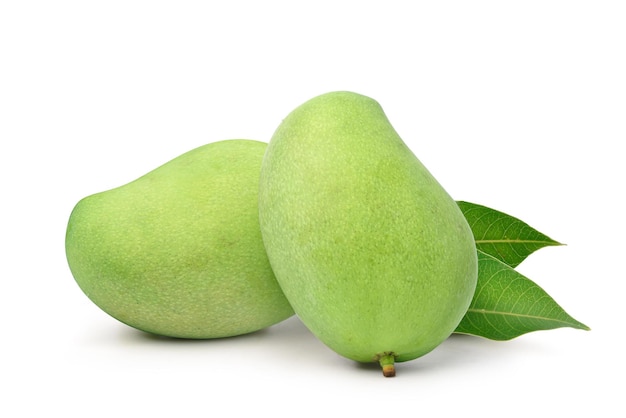 Two Fresh green mangoes fruits with leaves isolated on white background.