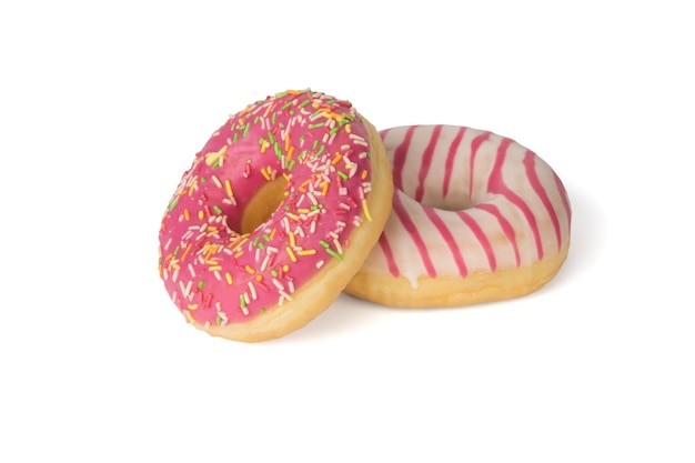 Two fresh pink donuts isolated on a white background