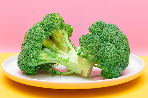 Two fresh and raw pieces of broccoli on white plate uncooked green cabbage