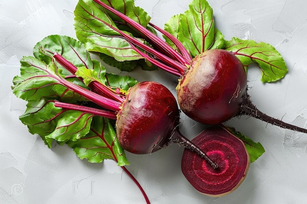 Photo two fresh red beets with green leaves on a white background