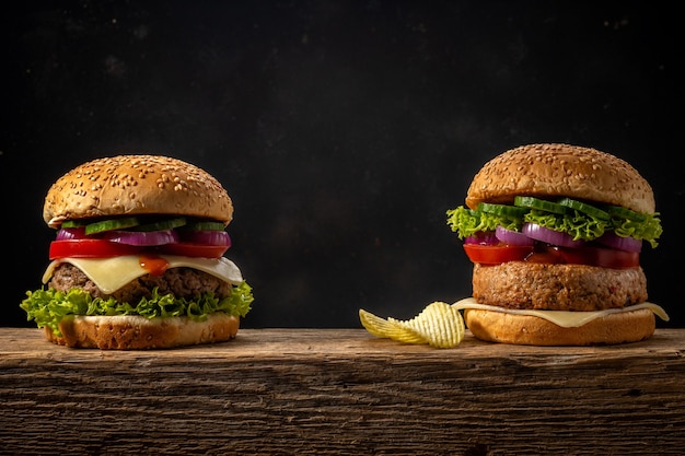 Two fresh tasty burgers on wooden rustic table.