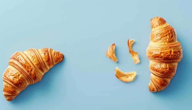 Photo two freshly baked croissants on a light blue background with pastry crumbs between them