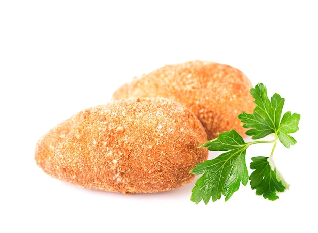 Two fried breaded cutlet isolated on white background