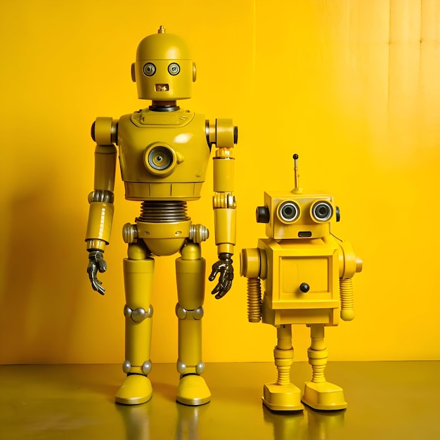 Two friendly yellow robots one tall and one small stand side by side against a vibrant yellow background