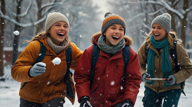 Photo two friends amidst chaotic snowball fight