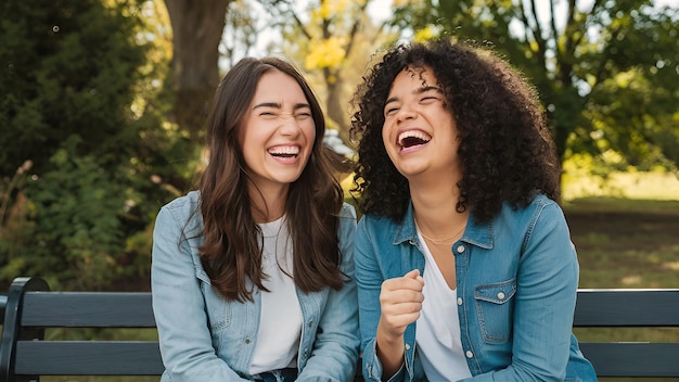 Two friends are sitting on a park bench smiling each other on friendship day