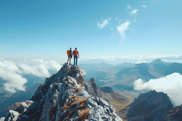 Two Friends Celebrate Successful Mountain Hike with Handshake Atop Scenic Peak