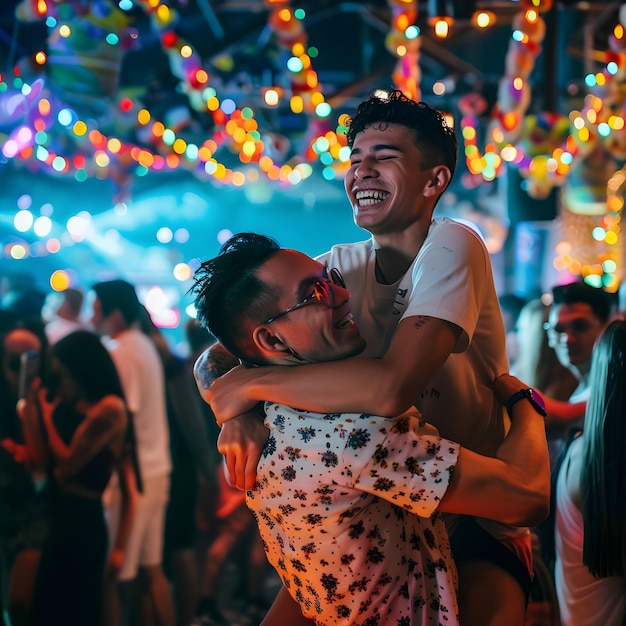 Two friends celebrating at a vibrant party with colorful lights