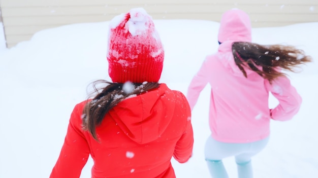 Two friends in cozy red jackets and cute pink hats joyfully running through the fluffy snow