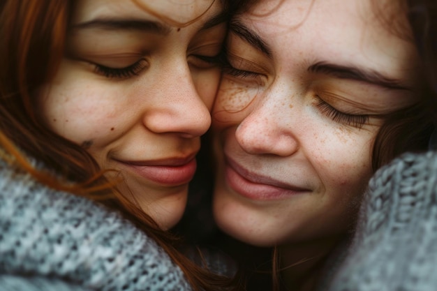 Photo two friends embrace tightly eyes closed