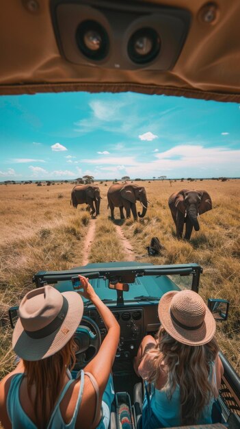 Photo two friends enjoy a safari adventure riding in an open jeep and watching a family of elephants roam freely in the african savanna