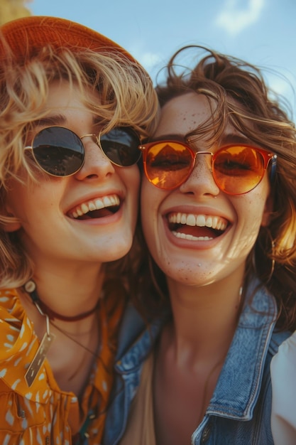 Two friends enjoying the sun outdoors both wearing trendy sunglasses