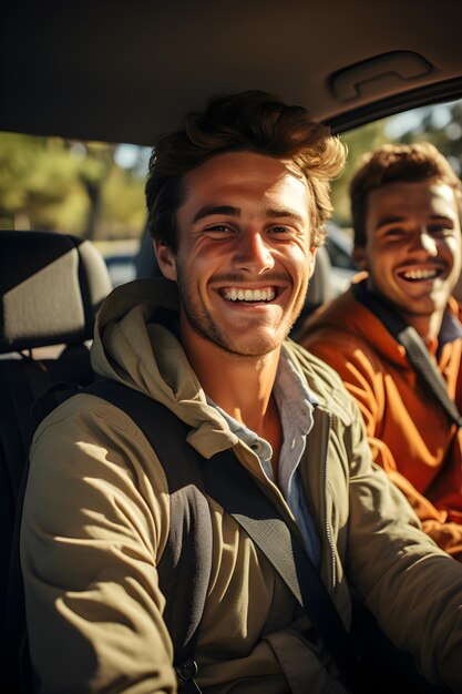 Two friends enjoying a sunny drive