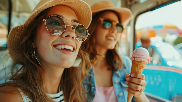 Photo two friends enjoying treats on public transportation