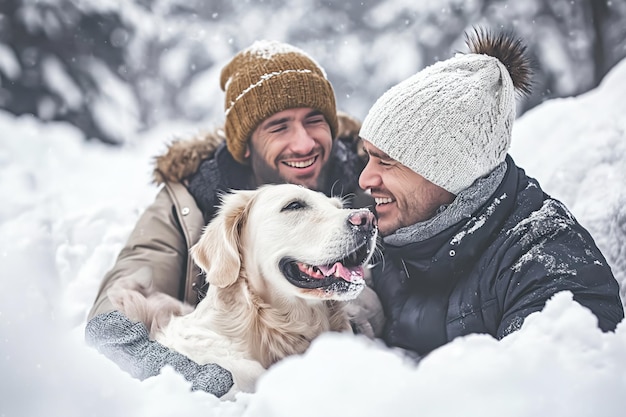 Photo two friends enjoying winter fun with a golden retriever in the snow