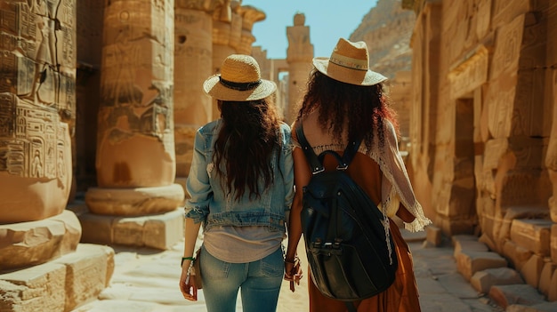 Photo two friends exploring ancient egyptian ruins under bright sunlight in luxor