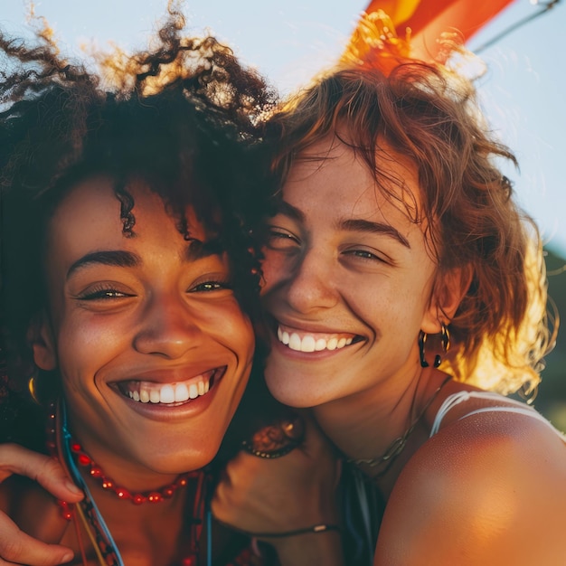 Two friends hugging and smiling brightly outdoors joyful moment