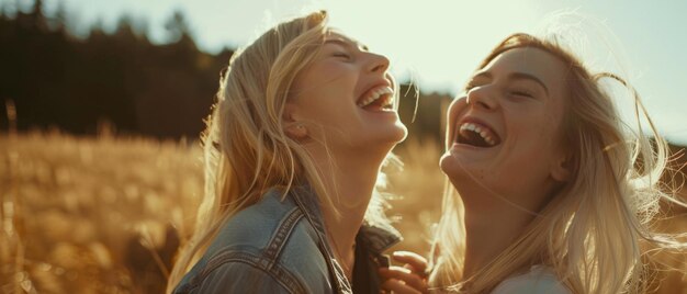 Photo two friends laugh heartily in a sunlit field their joyful expressions capturing a moment of pure happiness and carefree connection