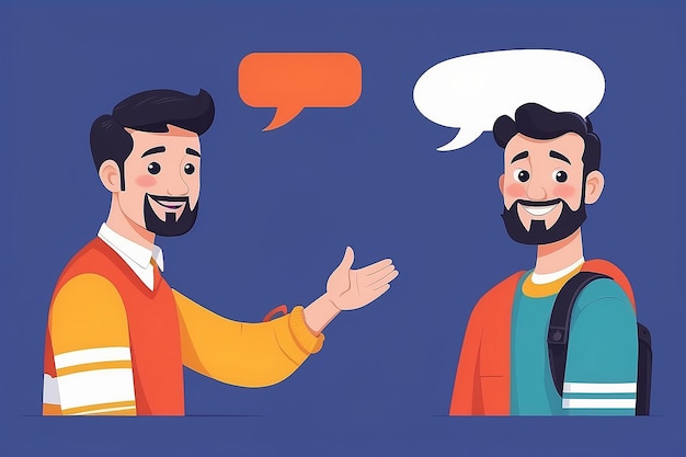 Two friends meeting waving hello with dialogue speech bubbles Social and friendship concept Vector illustration in flat style