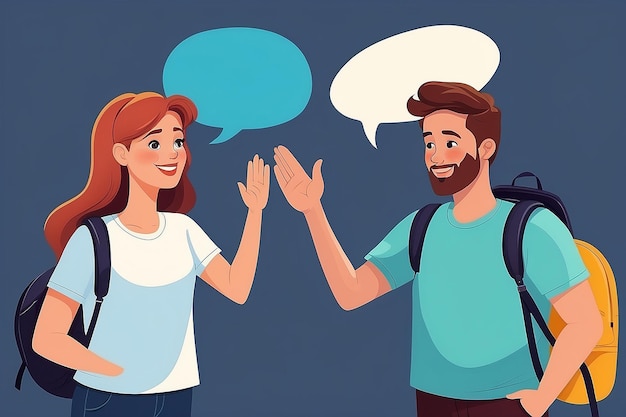 Two friends meeting waving hello with dialogue speech bubbles Social and friendship concept Vector illustration in flat style