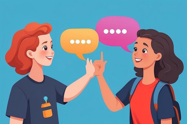 Photo two friends meeting waving hello with dialogue speech bubbles social and friendship concept vector illustration in flat style