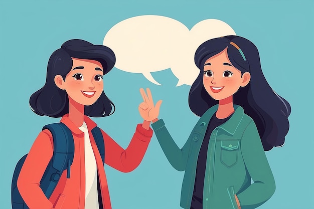 Two friends meeting waving hello with dialogue speech bubbles Social and friendship concept Vector illustration in flat style