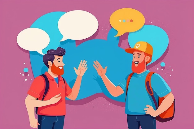 Two friends meeting waving hello with dialogue speech bubbles Social and friendship concept Vector illustration in flat style