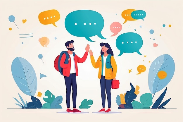 Photo two friends meeting waving hello with dialogue speech bubbles social and friendship concept vector illustration in flat style