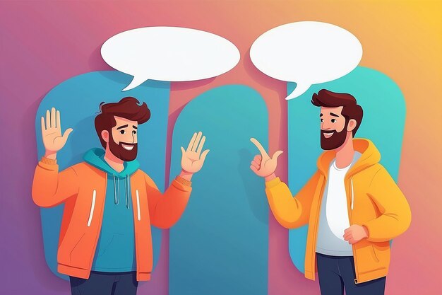 Photo two friends meeting waving hello with dialogue speech bubbles social and friendship concept vector illustration in flat style