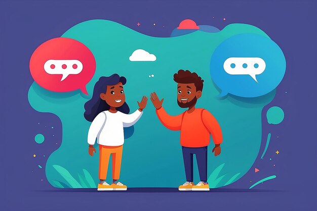 Photo two friends meeting waving hello with dialogue speech bubbles social and friendship concept vector illustration in flat style