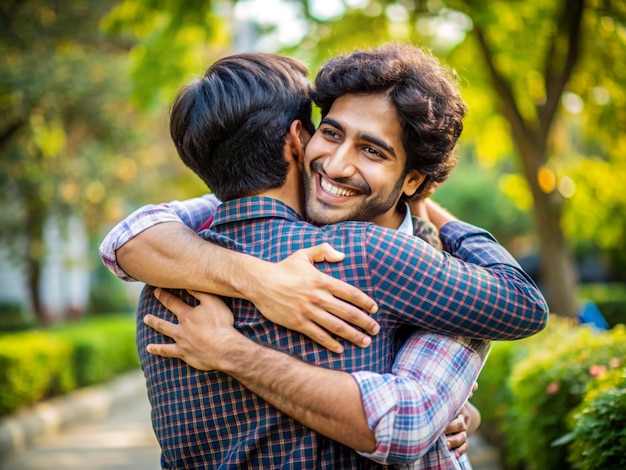 two of friends meets long time so far they hug on a friendship day