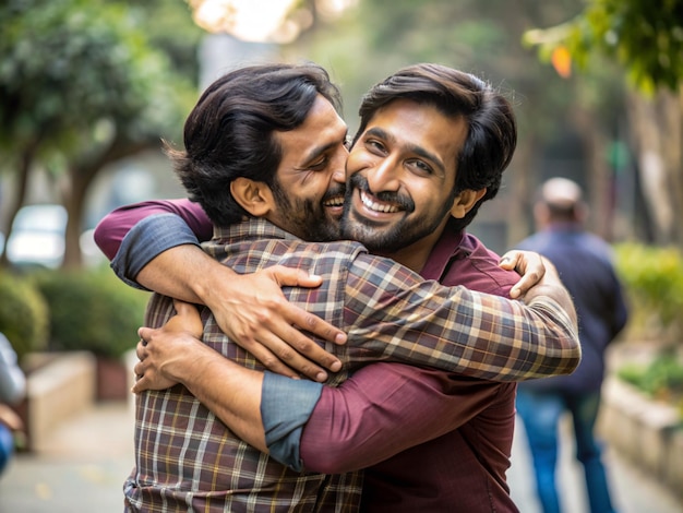 two of friends meets long time so far they hug on a friendship day