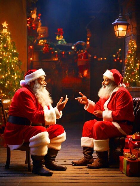 Photo two friends santa and banta engaged in a lively conversation with santa pondering a question and