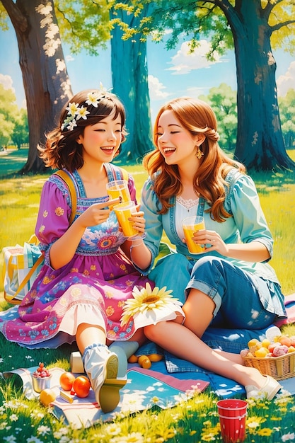 Two friends sharing a laugh while enjoying a picnic in the park celebrating Friendship Day