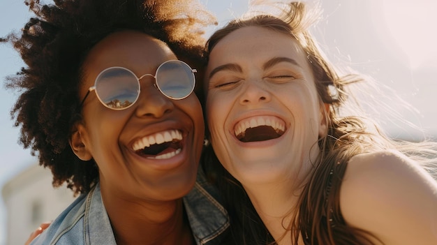 Photo two friends sharing laughter and embraces outdoors on a sunny day for friendship day advertisement