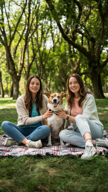 Two friends sitting on the blanket carped in the park with dog