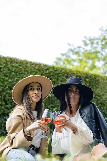 Two friends sitting on the lawn of their garden holding two glasses with champagne and looking at the camera