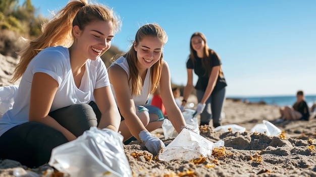 Photo two friends smiling as they pick up trash on a beach cleanup