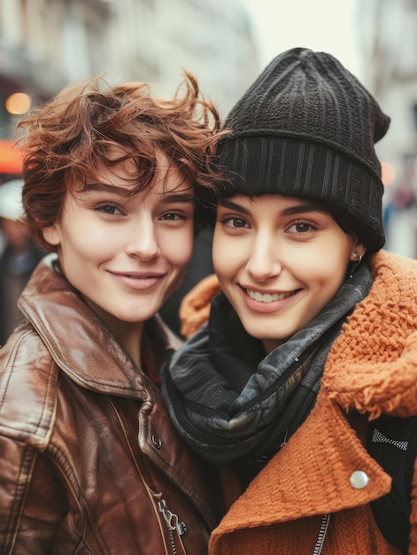 Photo two friends smiling for the camera