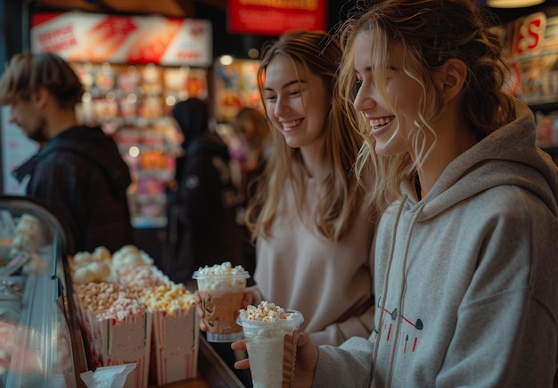 Two friends smiling with popcorn at cinema