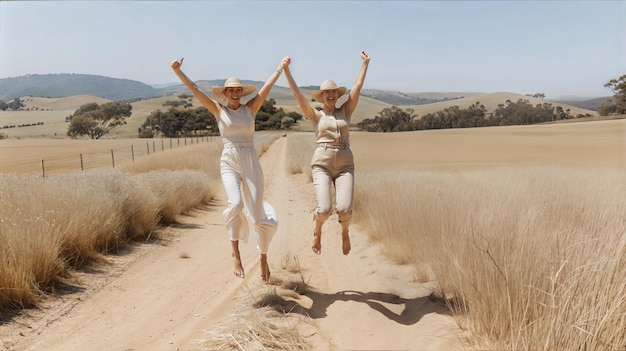 Photo two friends in straw hats jumping joyfully on rural dirt path in golden field landscape