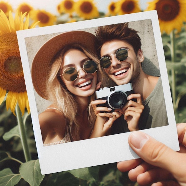 Two Friends Taking a Photo in a Sunflower Field