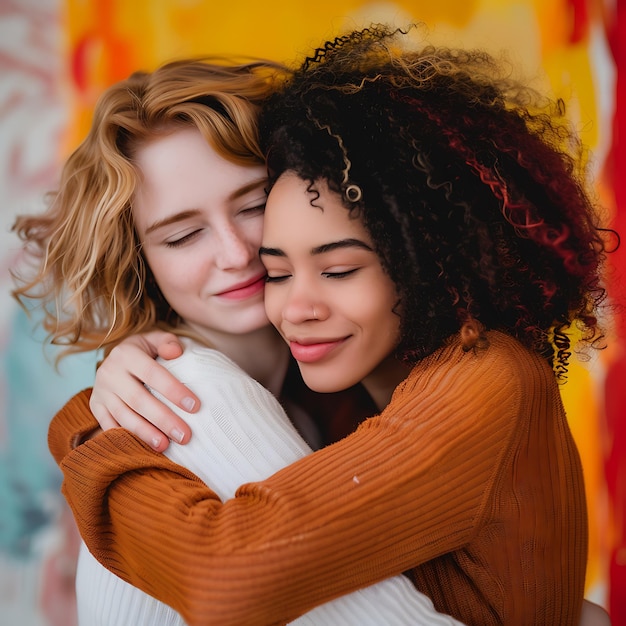 Two friends in therapy hugging each other