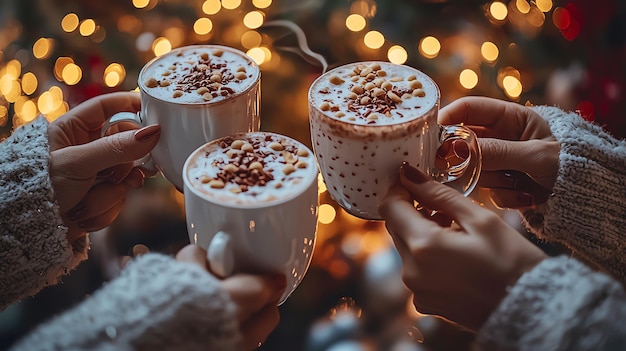 Two friends toasting with festive hot chocolate topped with whipped cream and peppermint sticks in a