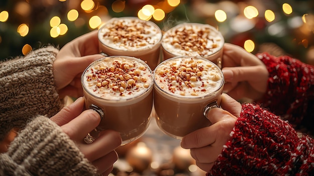 Two friends toasting with festive hot chocolate topped with whipped cream and peppermint sticks in a