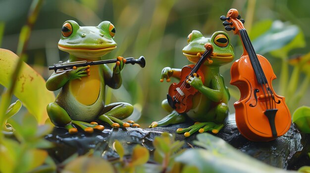 Two frogs playing musical instruments